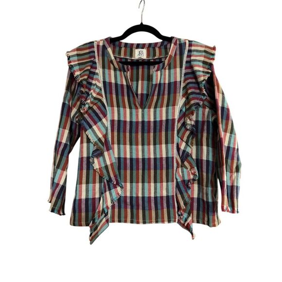 Anthropologie Tops - Anthropologie Women's Plaid Fringe Ruffle Tunic Blouse Size L Multicolor